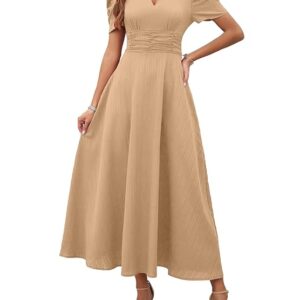 Women's Solid Color V-Neck A-Line Maxi Dress for Women | New Year Party Outfit | Waist Cinched Puff Sleeve Western | Elegant Casual Wear