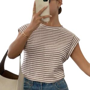 Women's Striped Round Neck – Cap Sleeve Summer Casual Top Tee | Summer Tops for Women | Tank Top Loose Fit