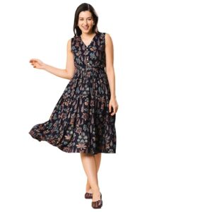 Women Olive Floral Print V-Neck Back Twisted Knot Style Flared Hem A-Line Midi Dress